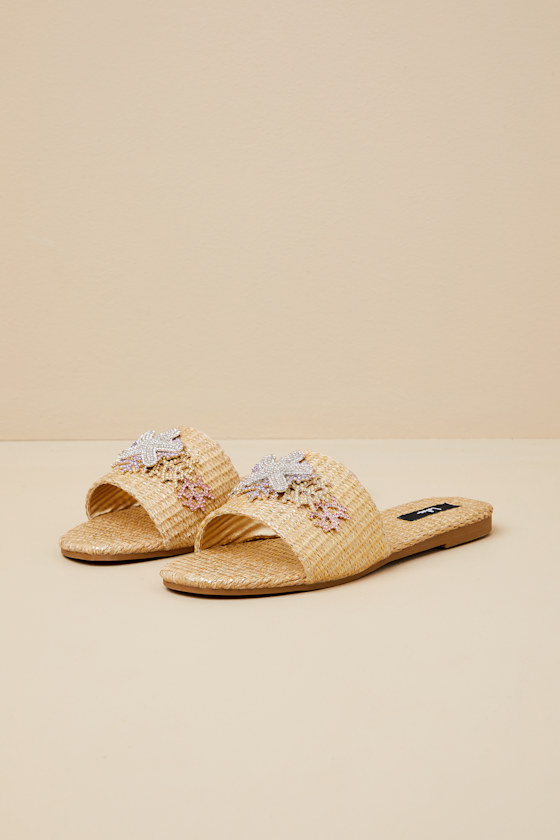 Lulus Robinna Natural Raffia Rhinestone Flat Slide Sandals