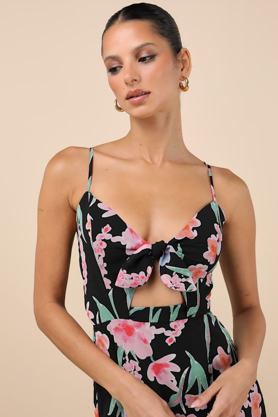 Lulus Amadea Black Floral Print Cutout Tie-front Midi Dress