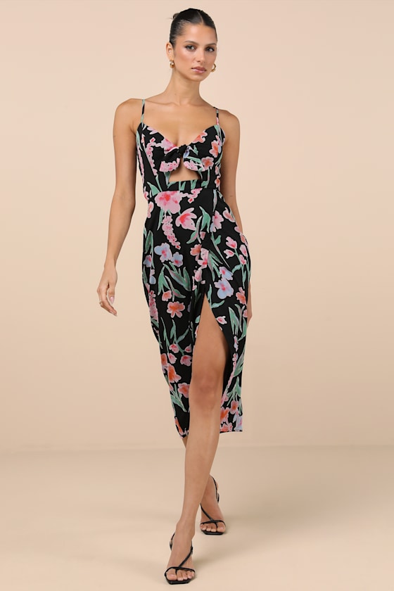 Lulus Amadea Black Floral Print Cutout Tie-front Midi Dress