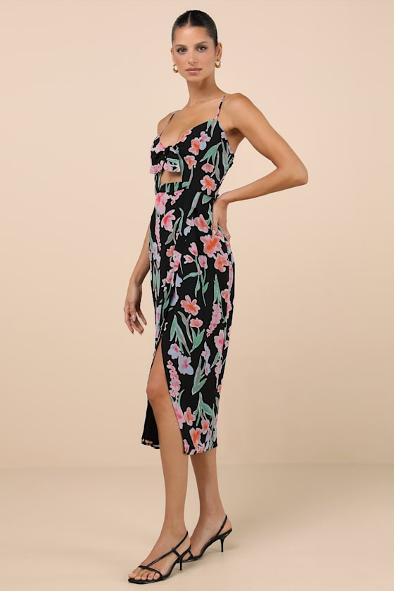 Lulus Amadea Black Floral Print Cutout Tie-front Midi Dress
