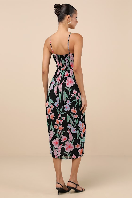 Lulus Amadea Black Floral Print Cutout Tie-front Midi Dress