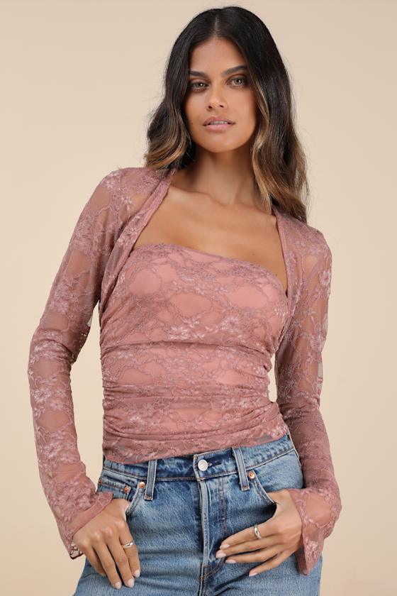 Lulus Davinia Dark Mauve Lace Tube Top And Shrug Set In Mauve