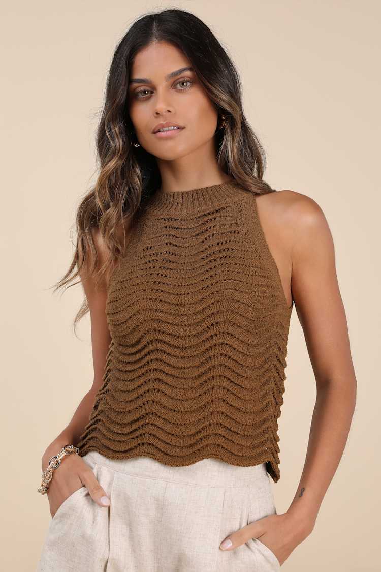 Brown Sweater Tank Top - Cropped Knit Top - Pierced Knit Tank Top 
