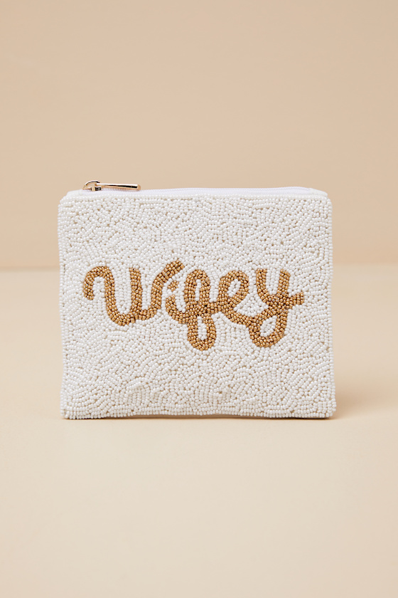 Shop Lulus Wifey White And Gold Beaded Zipper Pouch