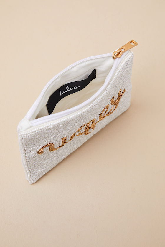 Shop Lulus Wifey White And Gold Beaded Zipper Pouch