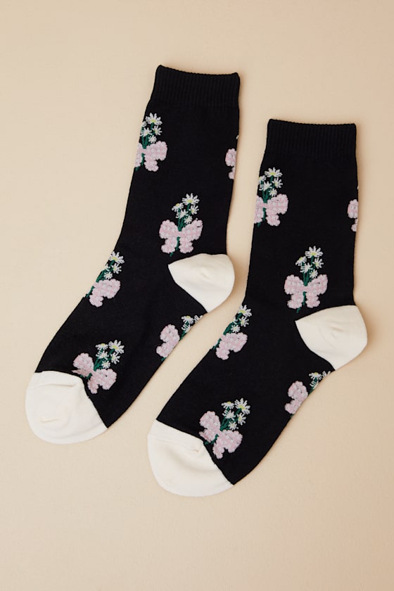 Hansel From Basel Bluebells Black Floral Bow Socks In Black
