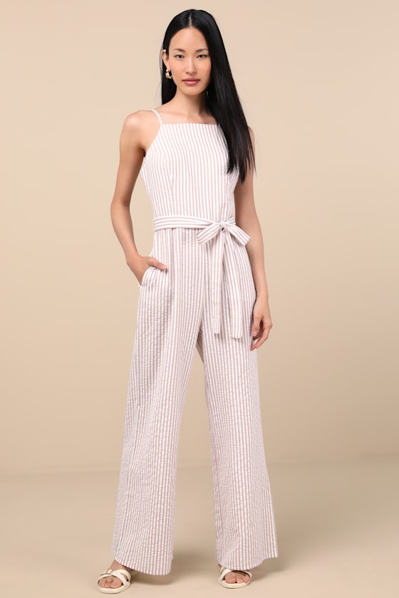 Lulus Messina Beige Striped Wide-leg Jumpsuit