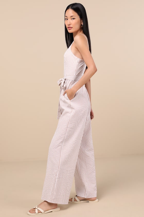 Lulus Messina Beige Striped Wide-leg Jumpsuit