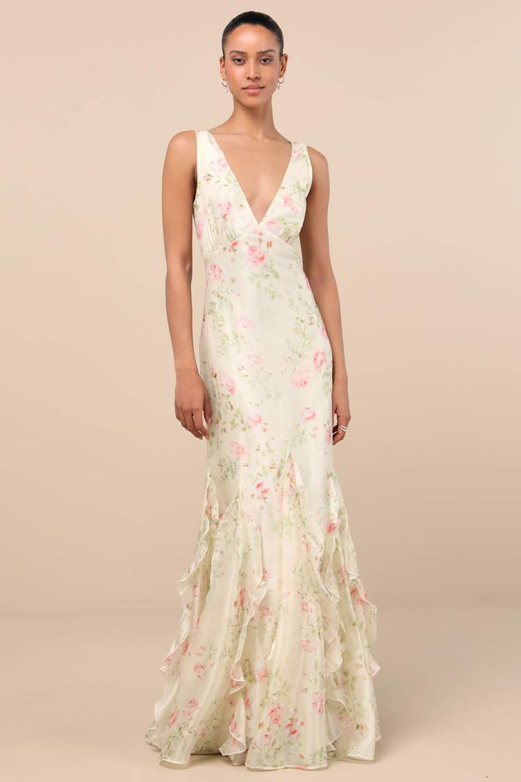 Cream Floral Maxi Dress - Satin V-Neck Gown - Ruffled Maxi Dress - Lulus