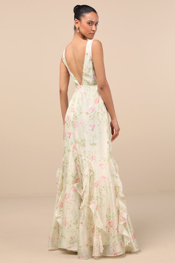 Lulus Deluca Cream Floral Sleeveless Ruffled Maxi Dress