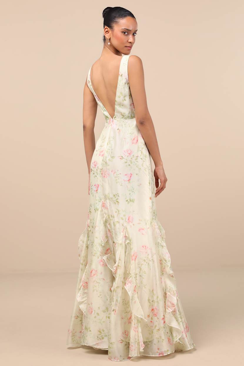 Deluca Cream Floral Sleeveless Ruffled Maxi Dress