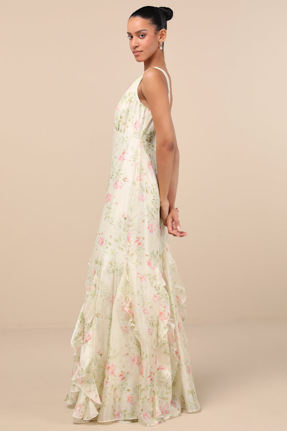 Lulus Deluca Cream Floral Sleeveless Ruffled Maxi Dress