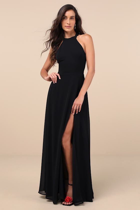 Confidently Charismatic Black Backless Halter Maxi Dress 1