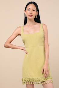 Feel the Sunshine Chartreuse Linen Tassel Mini Dress 1
