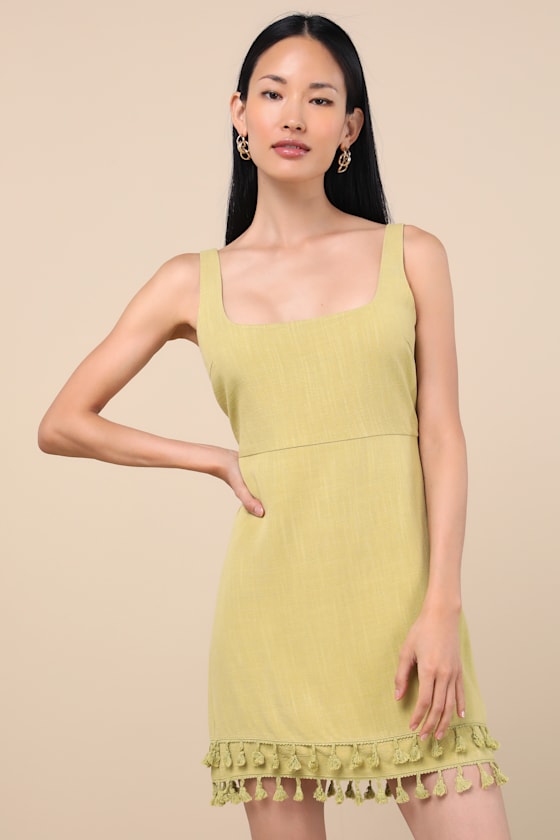 Feel the Sunshine Chartreuse Linen Tassel Mini Dress 1