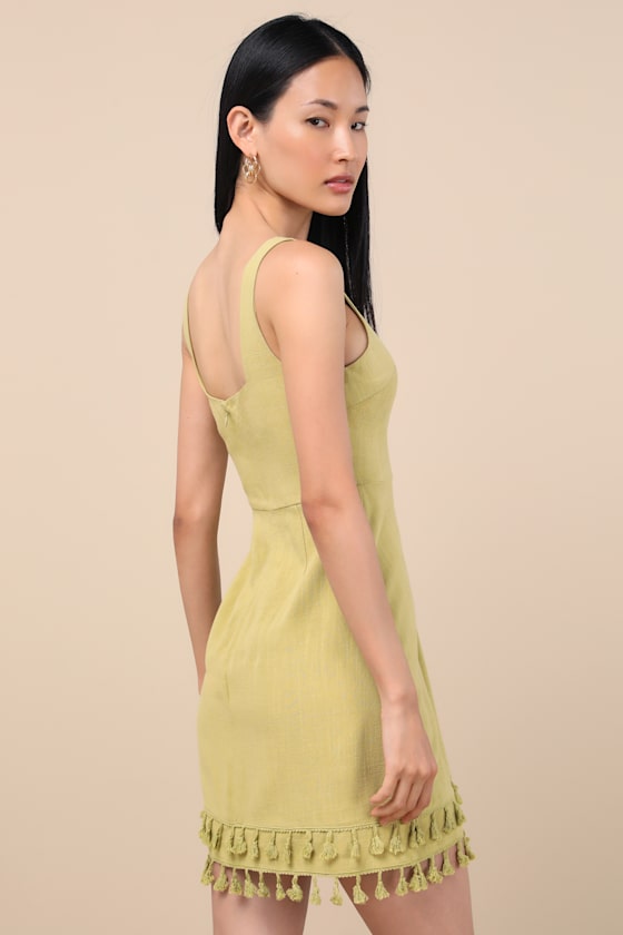 Shop Lulus Feel The Sunshine Chartreuse Linen Tassel Mini Dress