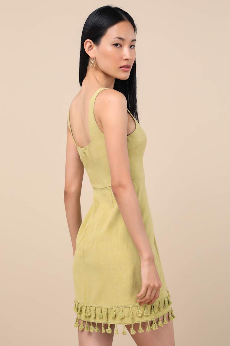 Feel the Sunshine Chartreuse Linen Tassel Mini Dress