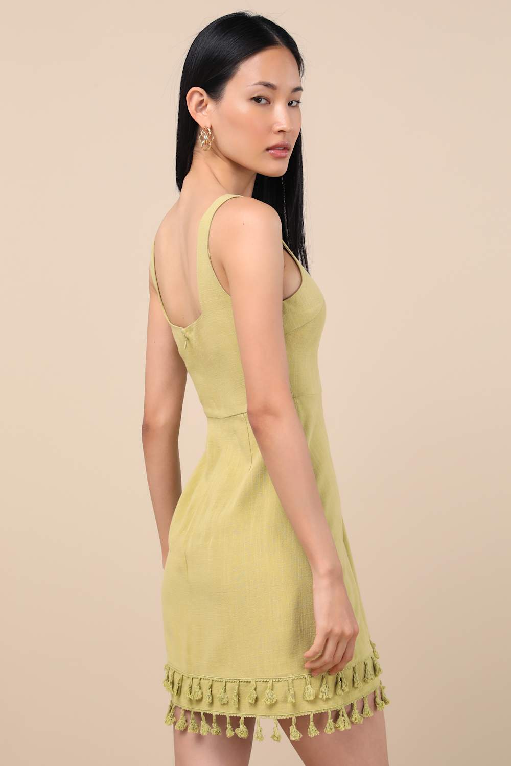 Feel the Sunshine Chartreuse Linen Tassel Mini Dress