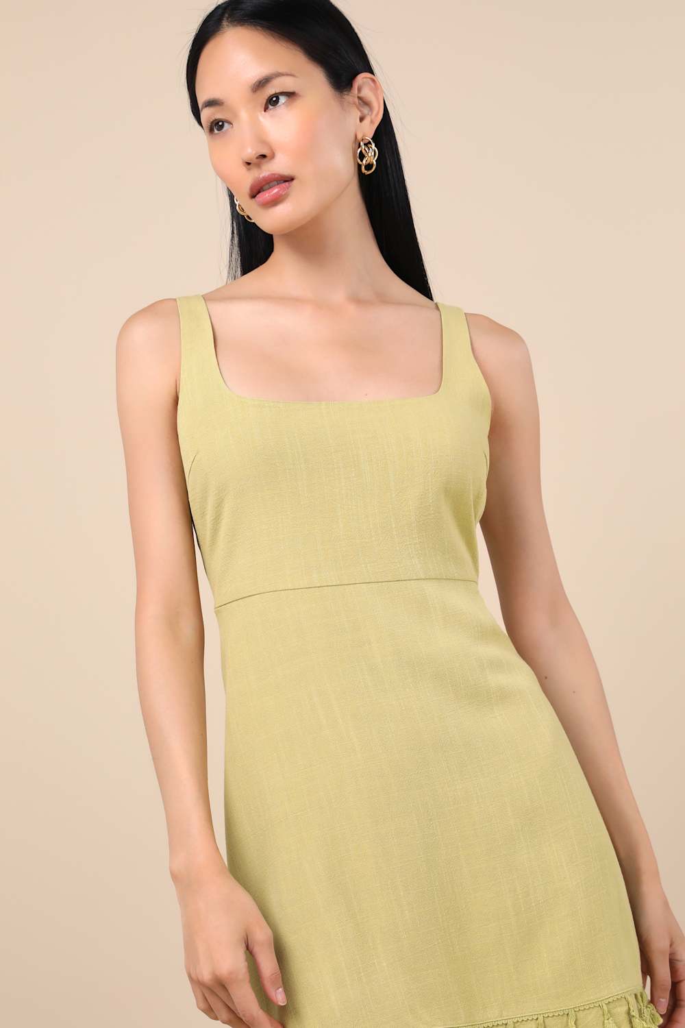 Feel the Sunshine Chartreuse Linen Tassel Mini Dress