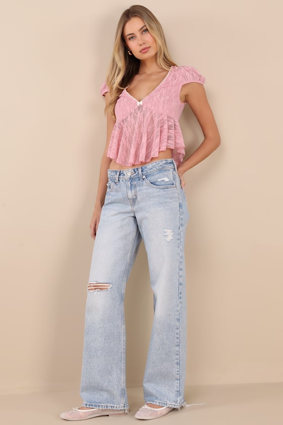 Pink Babydoll Top - Sheer Lace Top - Peplum Top - Cap Sleeve