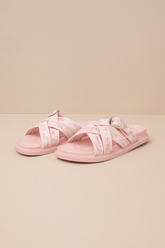 Lulus Killian Pink Tropical Print Slide Sandals