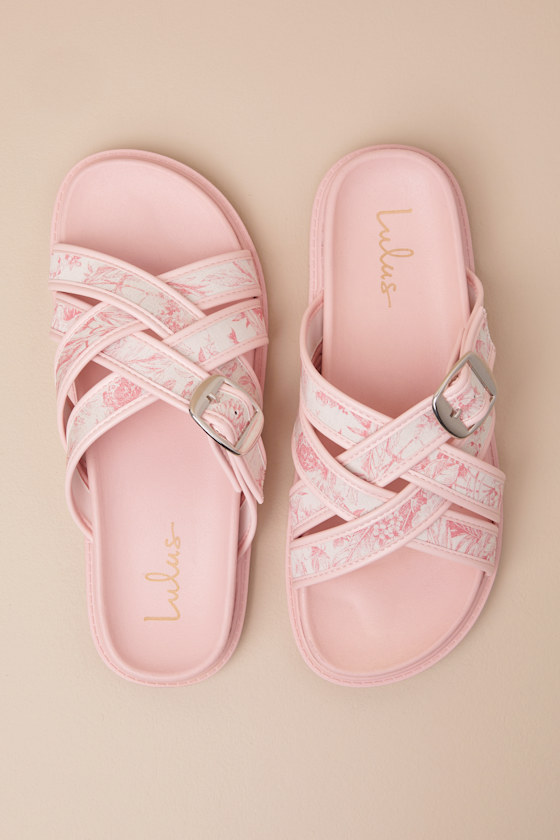Lulus Killian Pink Tropical Print Slide Sandals