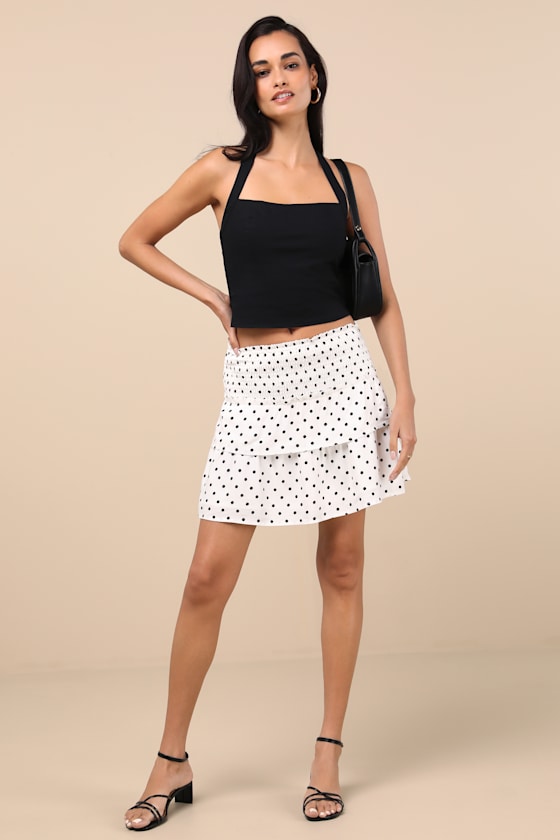 Lulus Valeriana White Polka Dot Smocked Tiered Mini Skirt