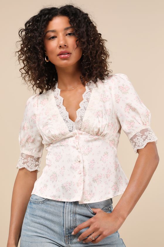 Cream and Pink Floral Top - Lacy Satin Top - Short Sleeve Blouse