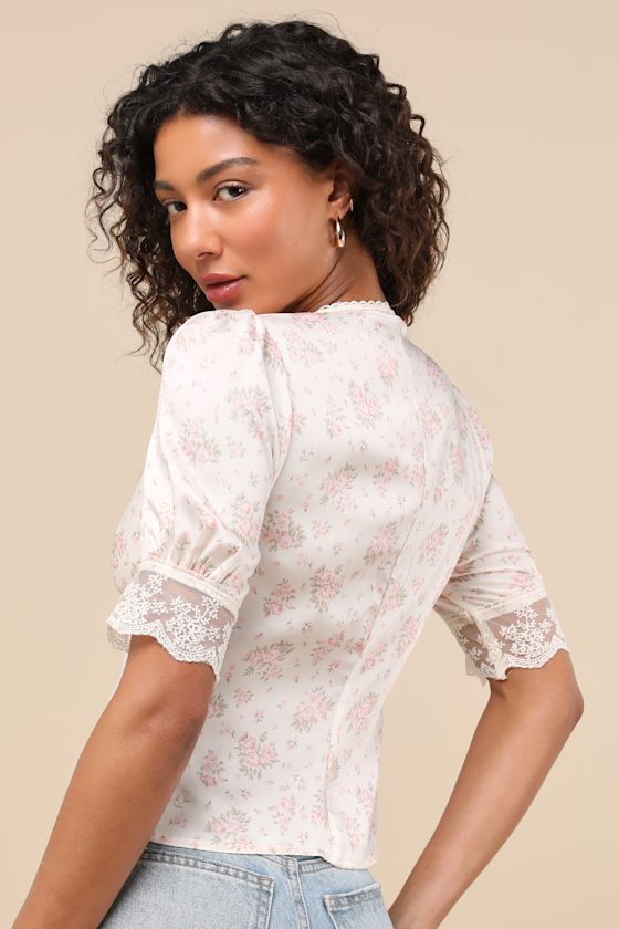 Cream and Pink Floral Top - Lacy Satin Top - Short Sleeve Blouse