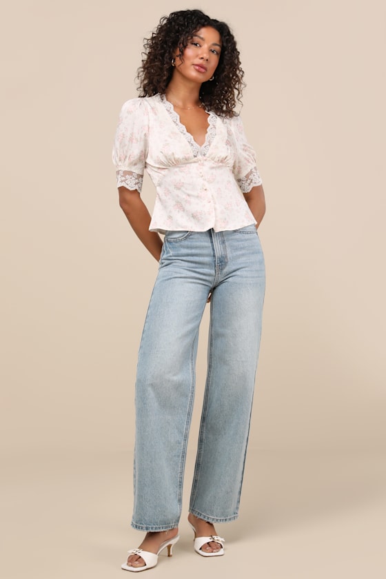 Cream and Pink Floral Top - Lacy Satin Top - Short Sleeve Blouse
