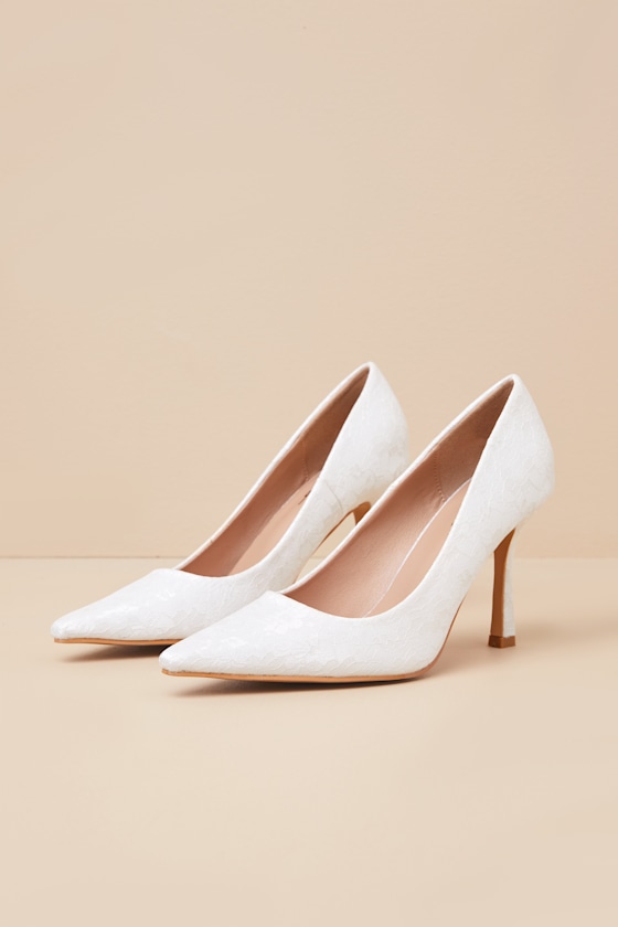 Hellene White Lace Pointed-Toe Pumps 1