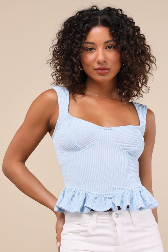 louren camisole knit tops 最終価格 Light Blue Ribbed Knit Top - Bustier Top - Peplum Top - Tank