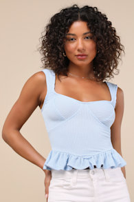 Cowen Light Blue Ribbed Knit Peplum Top 2