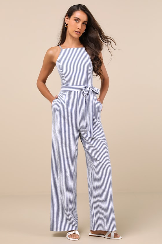 Lulus Messina Blue Striped Wide-leg Jumpsuit