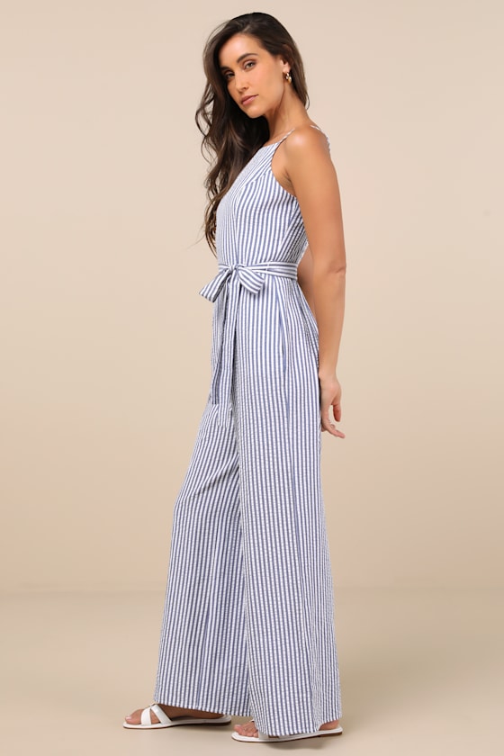 Lulus Messina Blue Striped Wide-leg Jumpsuit