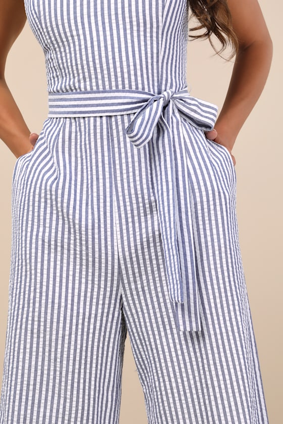 Lulus Messina Blue Striped Wide-leg Jumpsuit