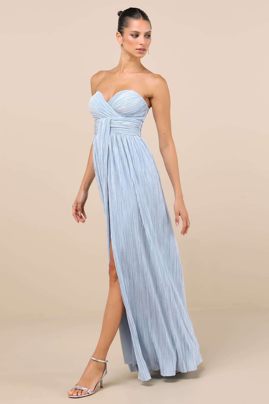 Oswin Light Blue Satin Plisse Strapless Maxi Dress