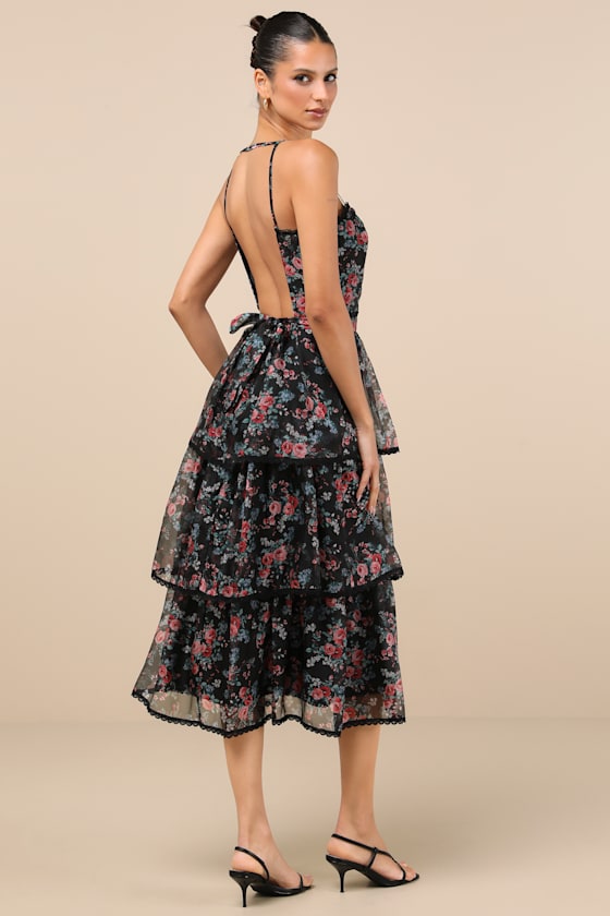 Lulus Kimbra Black Floral Backless Tiered Midi Dress