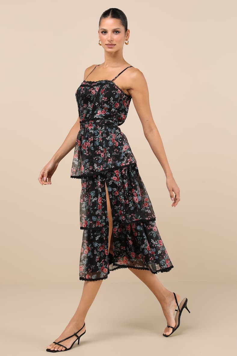 Kimbra Black Floral Backless Tiered Midi Dress