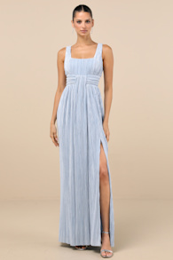 Ameena Light Blue Plisse Square Neck Sash Maxi Dress