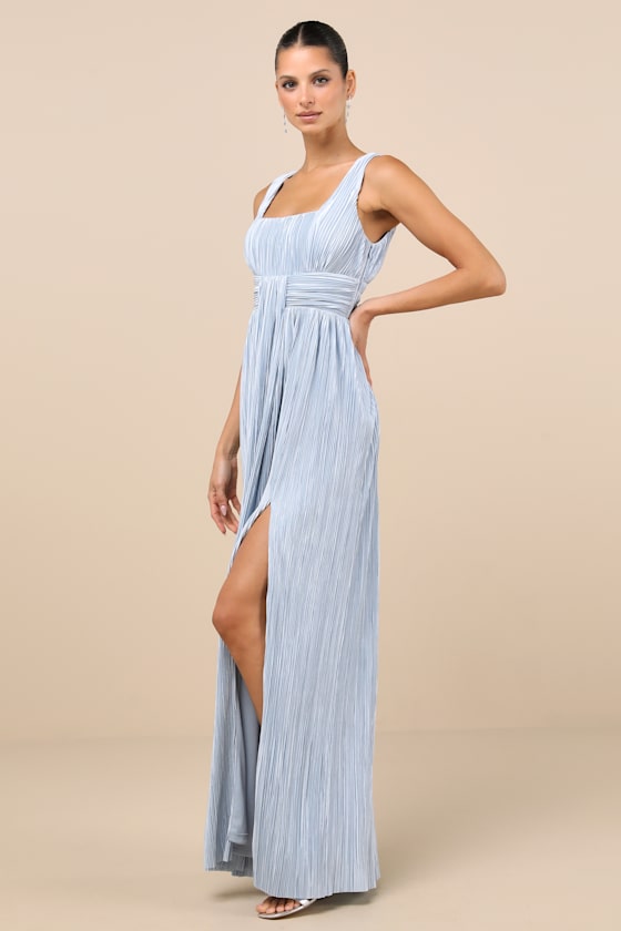 Shop Lulus Ameena Light Blue Plisse Square Neck Sash Maxi Dress