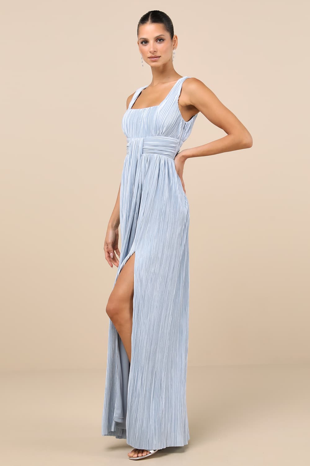 Ameena Light Blue Plisse Square Neck Sash Maxi Dress
