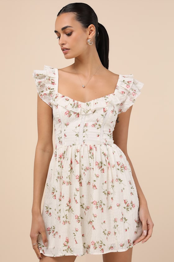 Lulus Velia White Floral Textured Flutter Sleeve Mini Dress