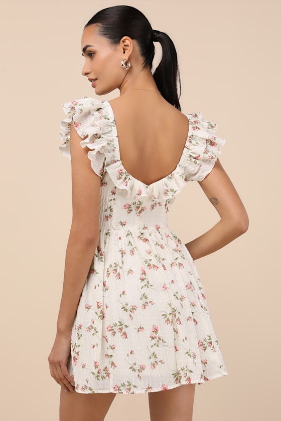 Lulus Velia White Floral Textured Flutter Sleeve Mini Dress