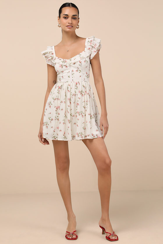 Lulus Velia White Floral Textured Flutter Sleeve Mini Dress