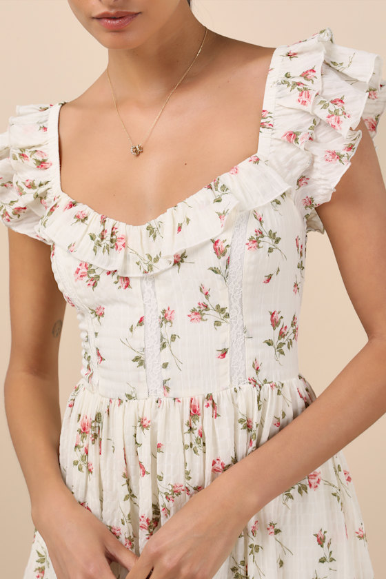 Lulus Velia White Floral Textured Flutter Sleeve Mini Dress