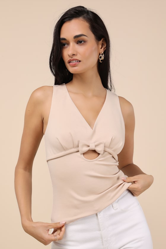 Patrizia Beige Cutout Bow V-Neck Sleeveless Top 1