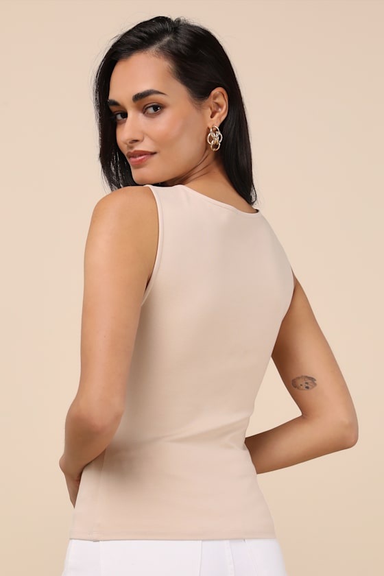 Patrizia Beige Cutout Bow V-Neck Sleeveless Top 2
