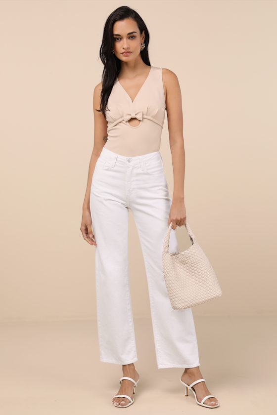 Lulus Patrizia Beige Cutout Bow V-neck Sleeveless Top