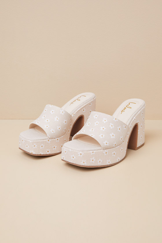 Lulus Drexel Beige Floral Platform Slide Sandals